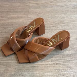 ZARA Tan Cross-Band Square Toe Block Heel Mules